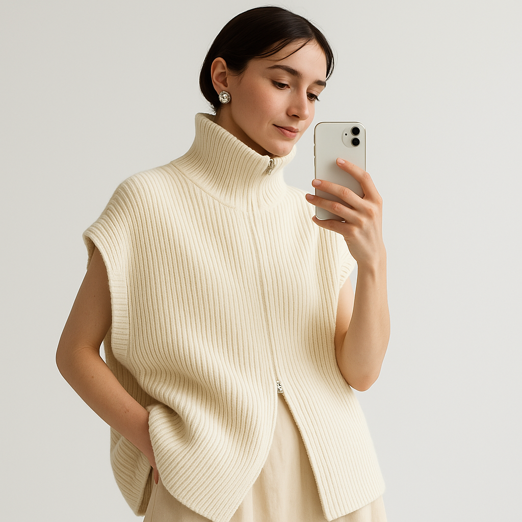 Gilet Zippé en Maille Ribée | Col Haut | Coupe Oversize