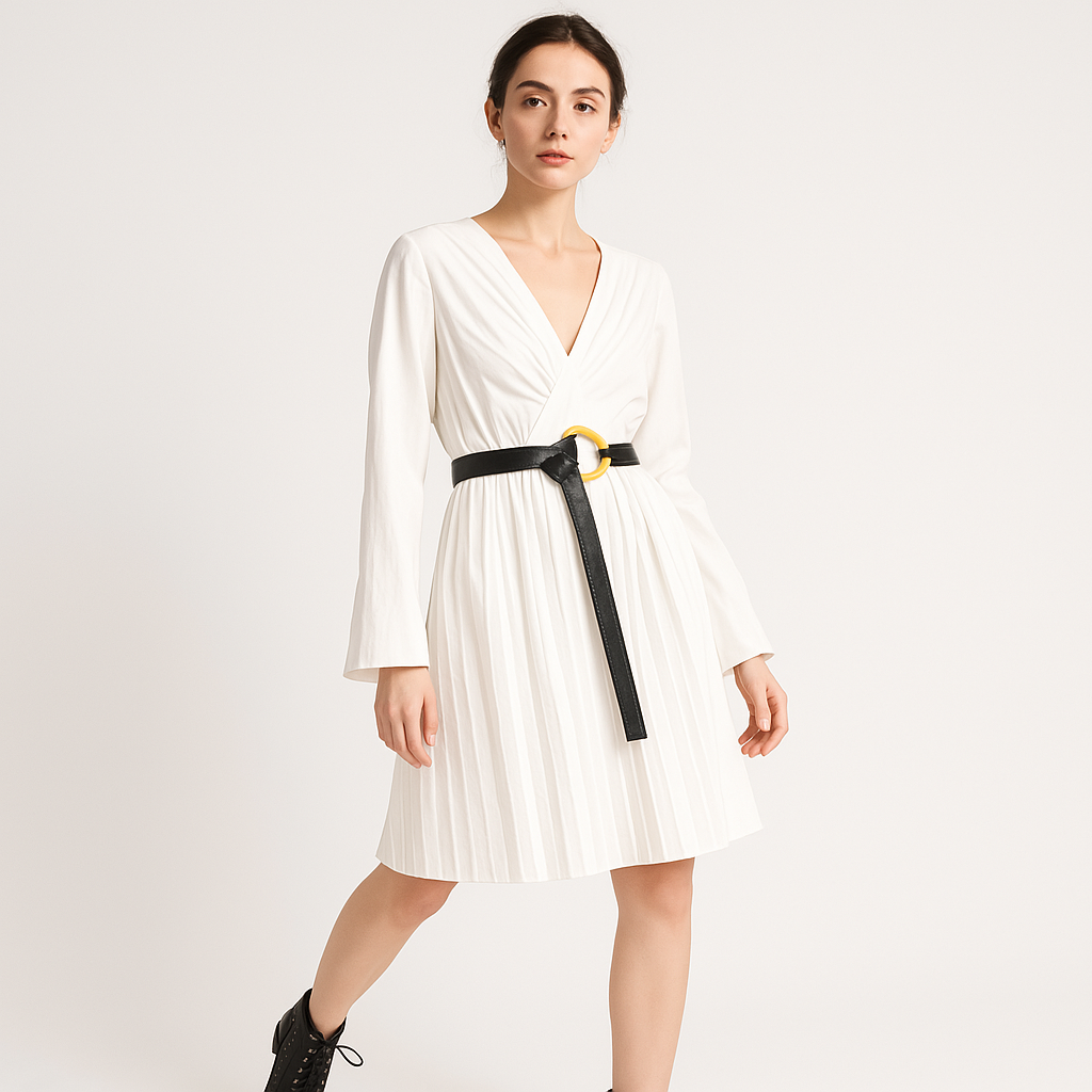 Robe Lina Plissée | Ceinture Contrastante Blanche | Élégance Moderne
