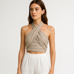 Load image into Gallery viewer, Linen Cross Halter Top | Draped Front | Cropped Fit