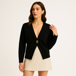 Load image into Gallery viewer, Minimalist Gold Button Cardigan | Deep V Neck | Refined Modern Knit