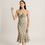 Load image into Gallery viewer, Élise Floral Midi Dress | Blue Petal Print | Romantic French Silhouette