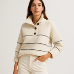 Load image into Gallery viewer, Marine Striped Button Sweater | Cream Cotton Knit | Effortless French Ease
