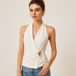 Load image into Gallery viewer, Halter Wrap Top | Gold Buckle Detail | Fitted Silhouette