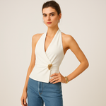 Load image into Gallery viewer, Halter Wrap Top | Gold Buckle Detail | Fitted Silhouette