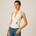 Load image into Gallery viewer, Halter Wrap Top | Gold Buckle Detail | Fitted Silhouette