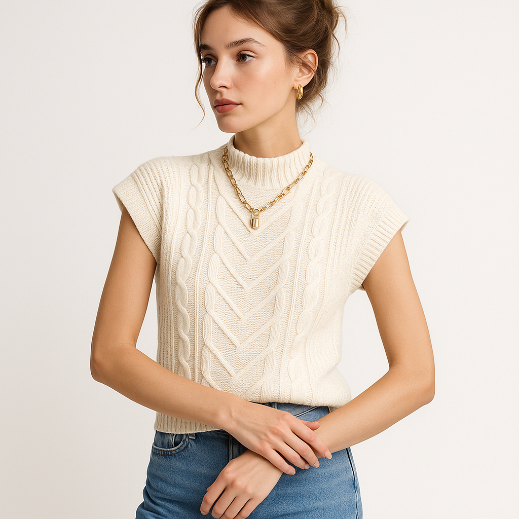 Pull Over Sans Manches en Maille Cable | Col Haut