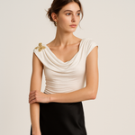 Load image into Gallery viewer, Draped Cowl Neck Top | Gold Butterfly Pin | Slim Fit