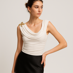 Load image into Gallery viewer, Draped Cowl Neck Top | Gold Butterfly Pin | Slim Fit