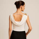 Load image into Gallery viewer, Draped Cowl Neck Top | Gold Butterfly Pin | Slim Fit