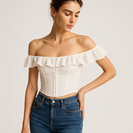 Load image into Gallery viewer, Broderie Bardot Corset Top | Ruffled Trim | Fitted Silhouette