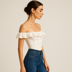 Load image into Gallery viewer, Broderie Bardot Corset Top | Ruffled Trim | Fitted Silhouette