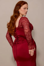 Load image into Gallery viewer, Minuit Satin Lace Maxi Dress | Corset Bodice, Sheer Sleeves, Back Split