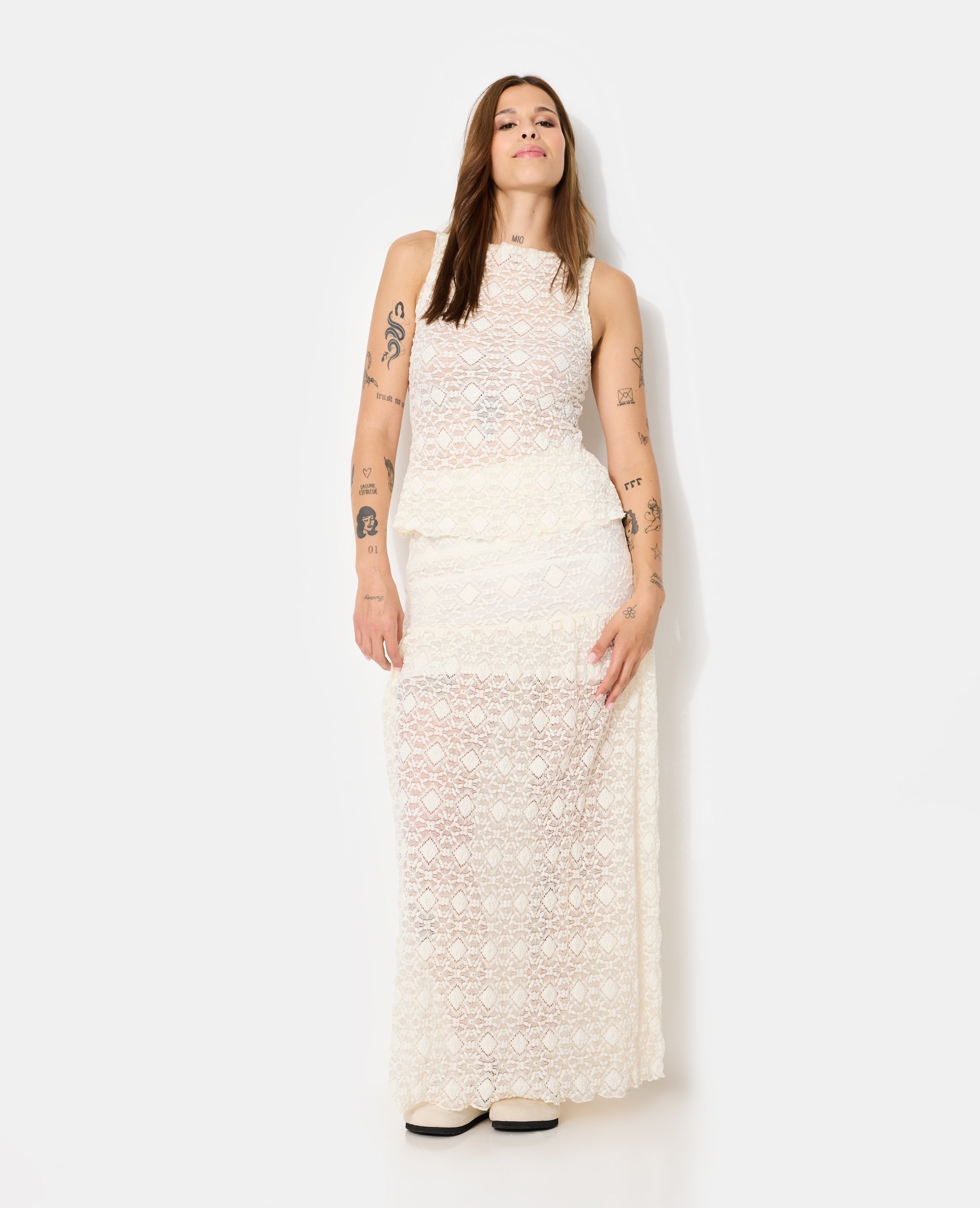 Jupe Maxi en Dentelle | Superposition Transparente et Silhouette Droite