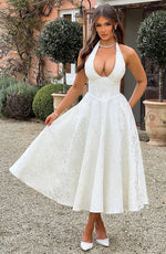 Load image into Gallery viewer, Halter Neck Satin Midi Dress | A-Line Silhouette