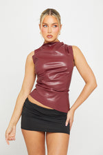 Load image into Gallery viewer, Burgundy Faux Leather Top | High Neck | Asymmetric Hem | Sleeveless