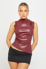Load image into Gallery viewer, Burgundy Faux Leather Top | High Neck | Asymmetric Hem | Sleeveless