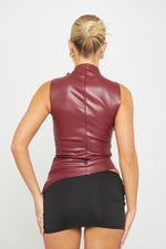 Load image into Gallery viewer, Burgundy Faux Leather Top | High Neck | Asymmetric Hem | Sleeveless