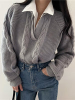 Load image into Gallery viewer, Cable Knit V-Neck Sweater | Turn-Down Collar | Relaxed Fit