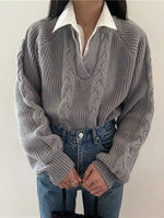 Load image into Gallery viewer, Cable Knit V-Neck Sweater | Turn-Down Collar | Relaxed Fit