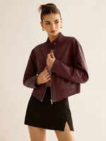 Load image into Gallery viewer, Cropped Faux Leather Jacket | Stand Collar | Minimalist Design