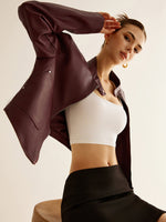 Load image into Gallery viewer, Cropped Faux Leather Jacket | Stand Collar | Minimalist Design