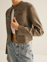 Load image into Gallery viewer, Cropped Suede-Effect Jacket | Minimalist Moto Style