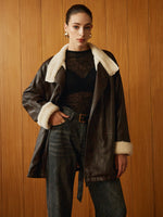 Load image into Gallery viewer, Métier Faux Leather Aviator Coat | Shearling Lining | Belted Waist