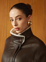Load image into Gallery viewer, Métier Faux Leather Aviator Coat | Shearling Lining | Belted Waist