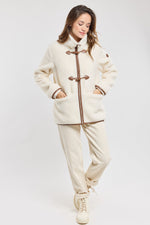 Load image into Gallery viewer, Faux Shearling Toggle Jacket | Contrast Trim | Winter Warmth