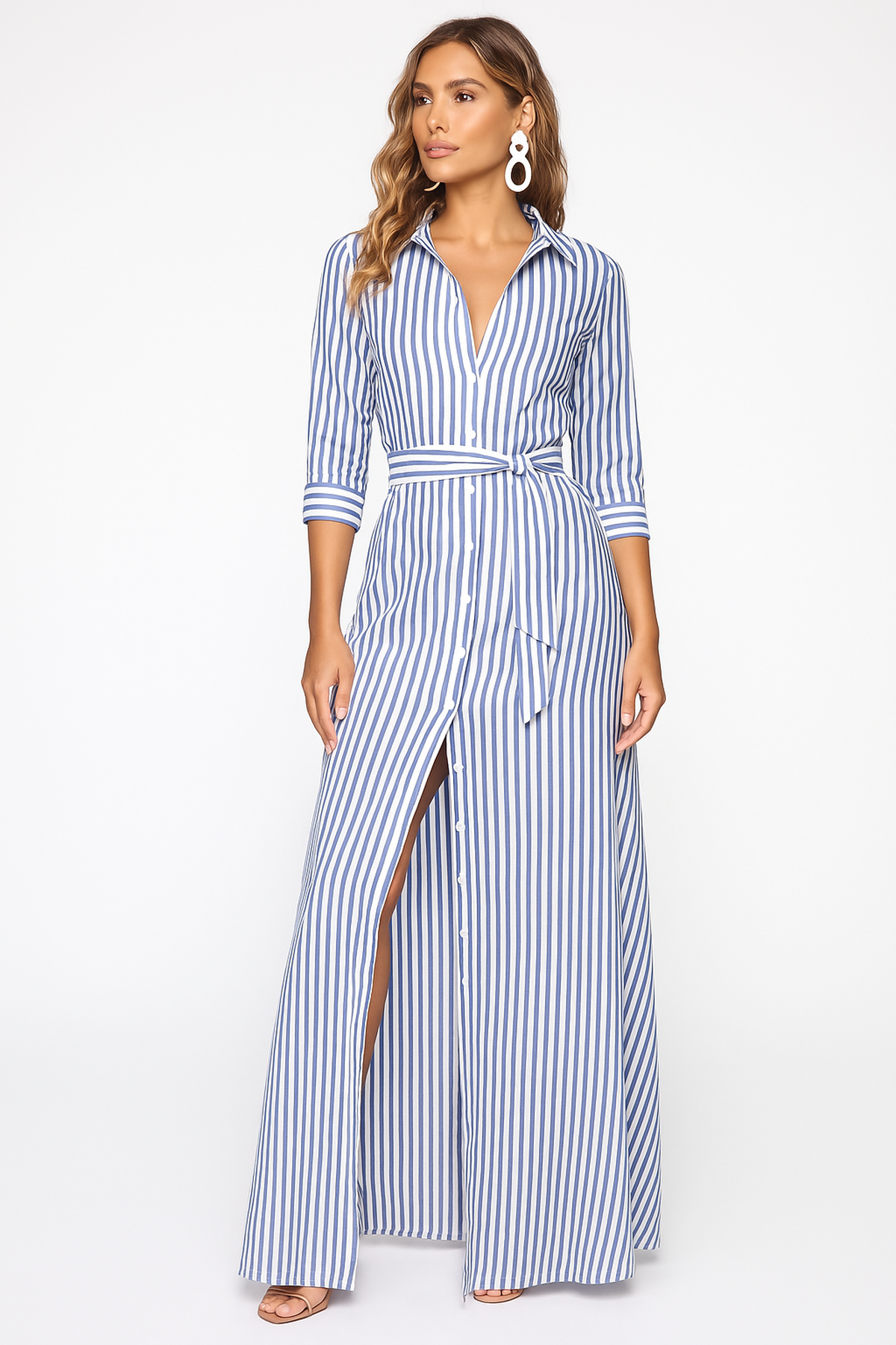 Robe Chemise Maxi Rayée | Bouton Devant avec Ceinture Taille