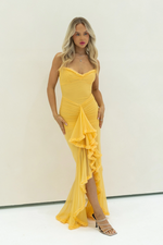 Load image into Gallery viewer, Lueur Ruffle Satin Maxi Dress | Spaghetti Straps, Waterfall Front, Train Hem