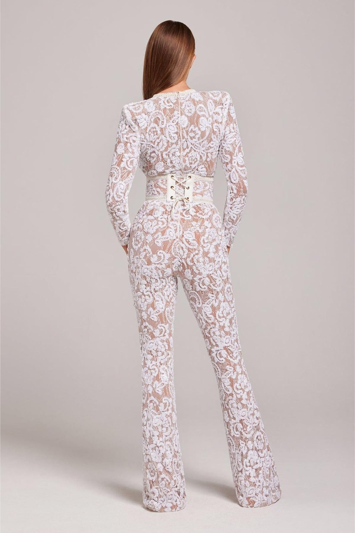 Jumpsuit en Dentelle et Sequins | Haut Taille | Manches Longues | Jambe Évasée