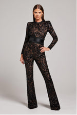 Load image into Gallery viewer, Minuit Lace Sequin Jumpsuit | High Waist | Long Sleeve | Flared Leg