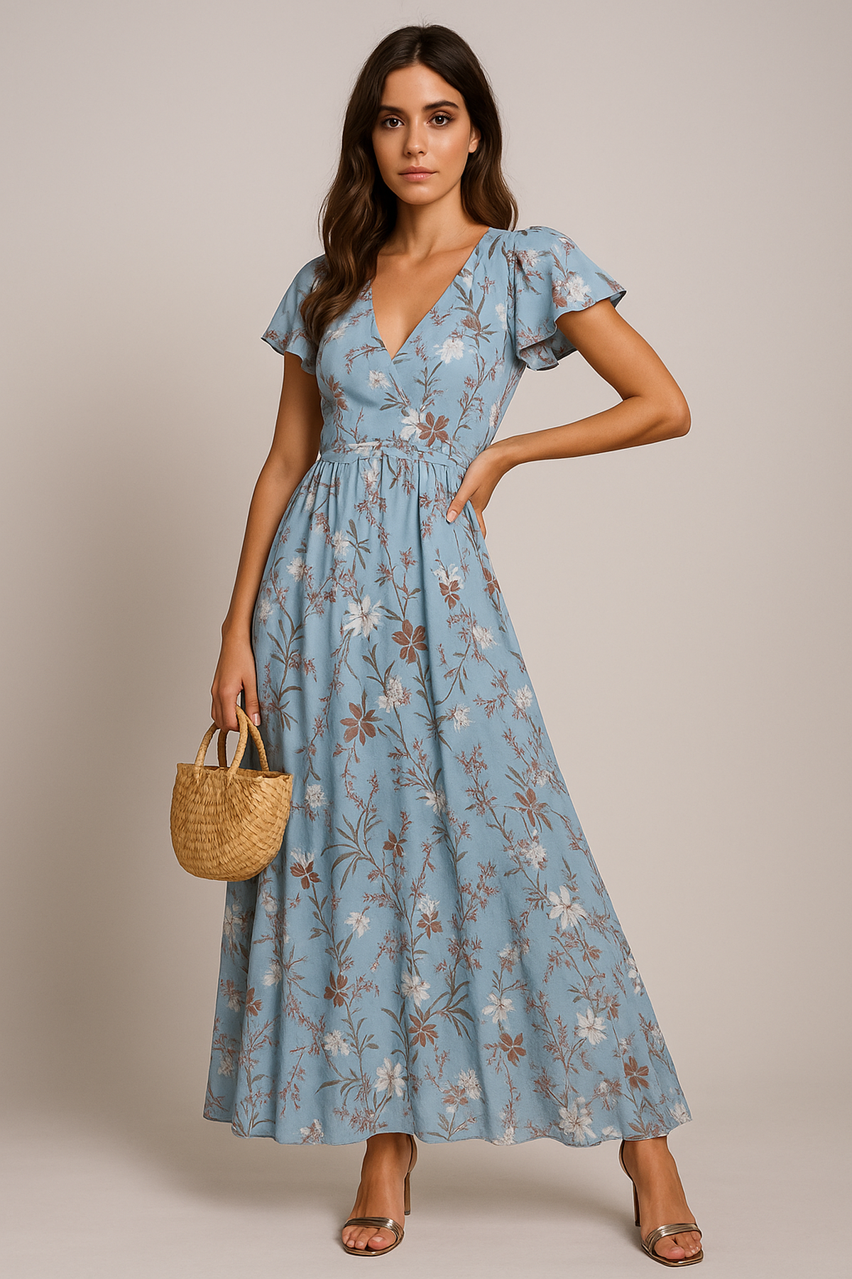 Robe Maxi Florale | Col V et Manches Butterfly