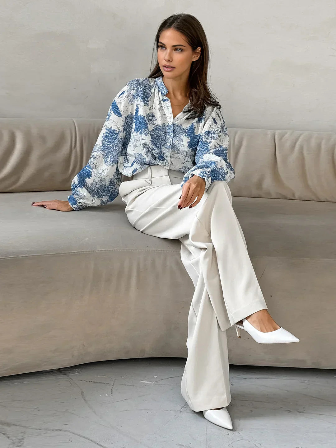 Chemise Imprimée à Manches Longues | Col Stand | Coupe Relaxe