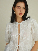 Load image into Gallery viewer, Embroidered Tie-Front Blouse | Puff Sleeve | Sheer Floral