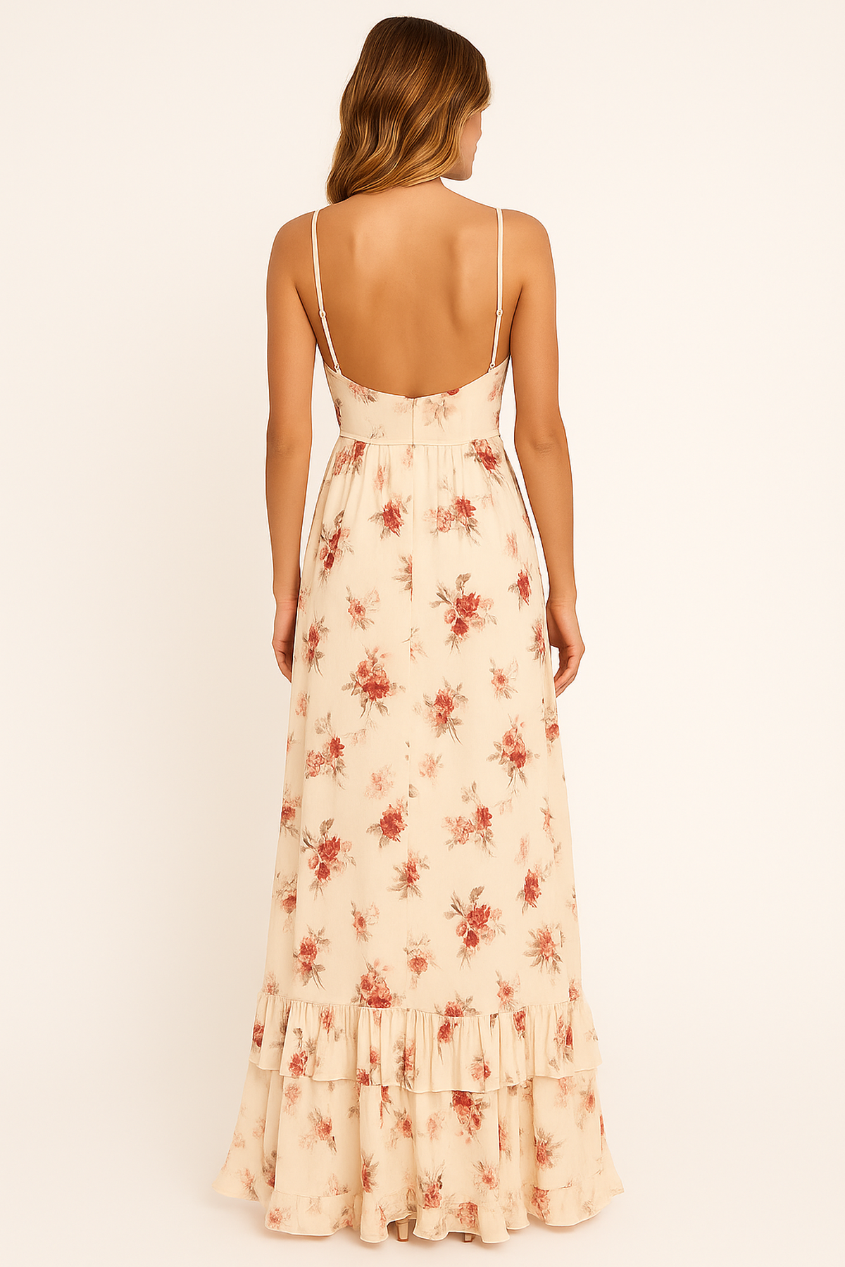Robe Maxi Chiffon Florale | Col V | Taille Empire | Ourlet Superposé