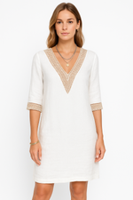 Load image into Gallery viewer, Linen Blend V-Neck Dress | Lace Trim | Knee Length