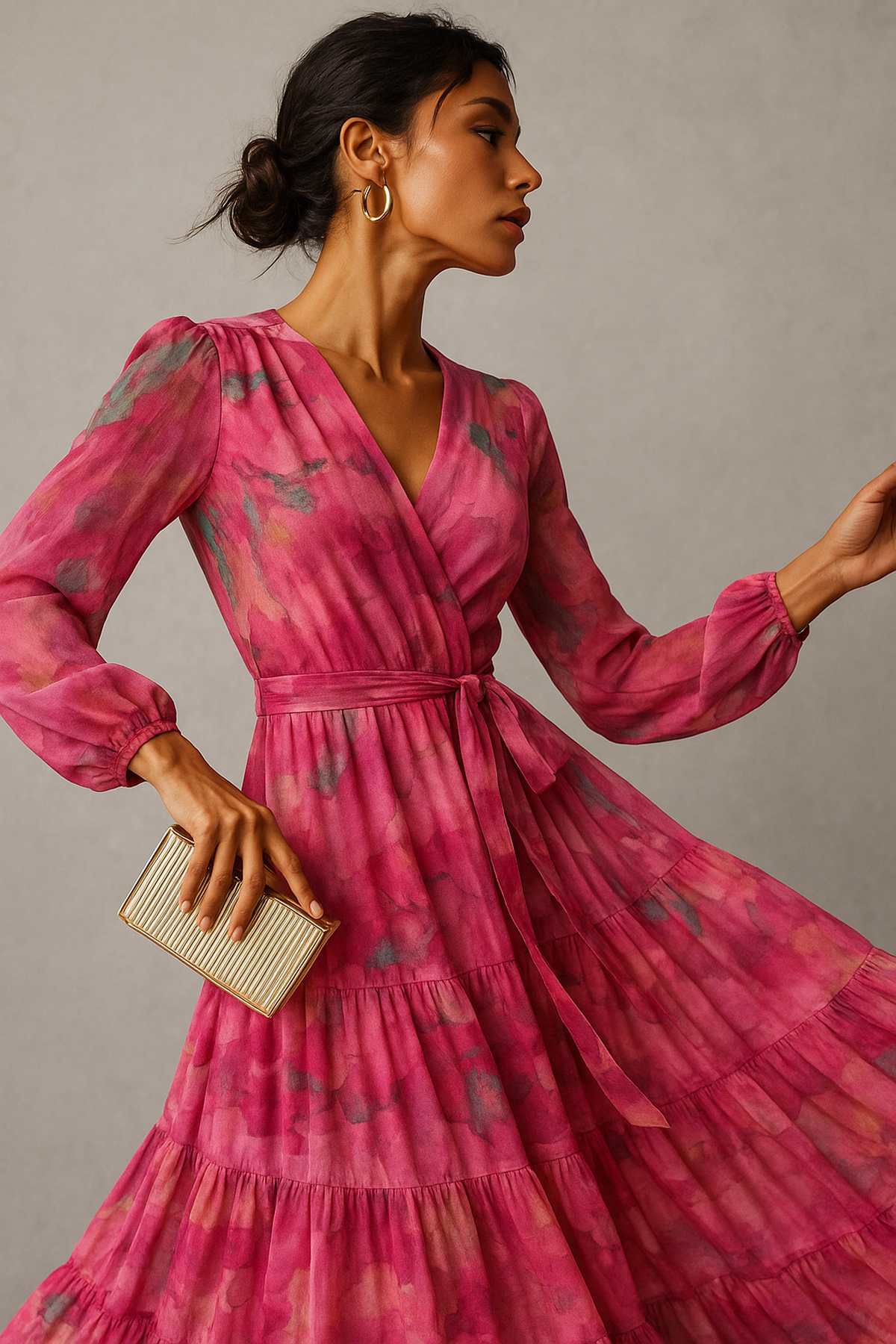 Robe Maxi Imprimée V-Cou | Longue Manche | Ceinture Autre