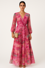 Load image into Gallery viewer, Clarté Printed V-Neck Maxi Dress | Long Sleeve | Self-Tie Waist