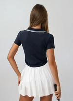 Load image into Gallery viewer, Contrast Collar Polo Top | Short Sleeve Zip Front