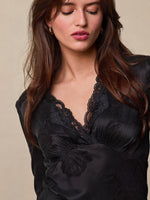 Load image into Gallery viewer, Satin Mini Dress | Lace V-Neck | Long Sleeves