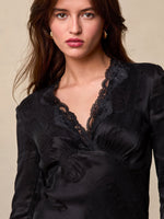 Load image into Gallery viewer, Satin Mini Dress | Lace V-Neck | Long Sleeves