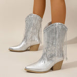 Load image into Gallery viewer, Lueur Fringe Mid-Calf Western Boots | Pointed Toe | Block Heel