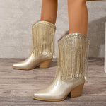 Load image into Gallery viewer, Lueur Fringe Mid-Calf Western Boots | Pointed Toe | Block Heel
