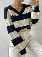 Load image into Gallery viewer, Striped Cable Knit V-Neck Sweater | Relaxed Fit Pullover