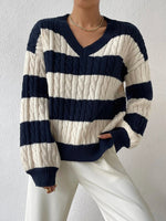 Load image into Gallery viewer, Striped Cable Knit V-Neck Sweater | Relaxed Fit Pullover
