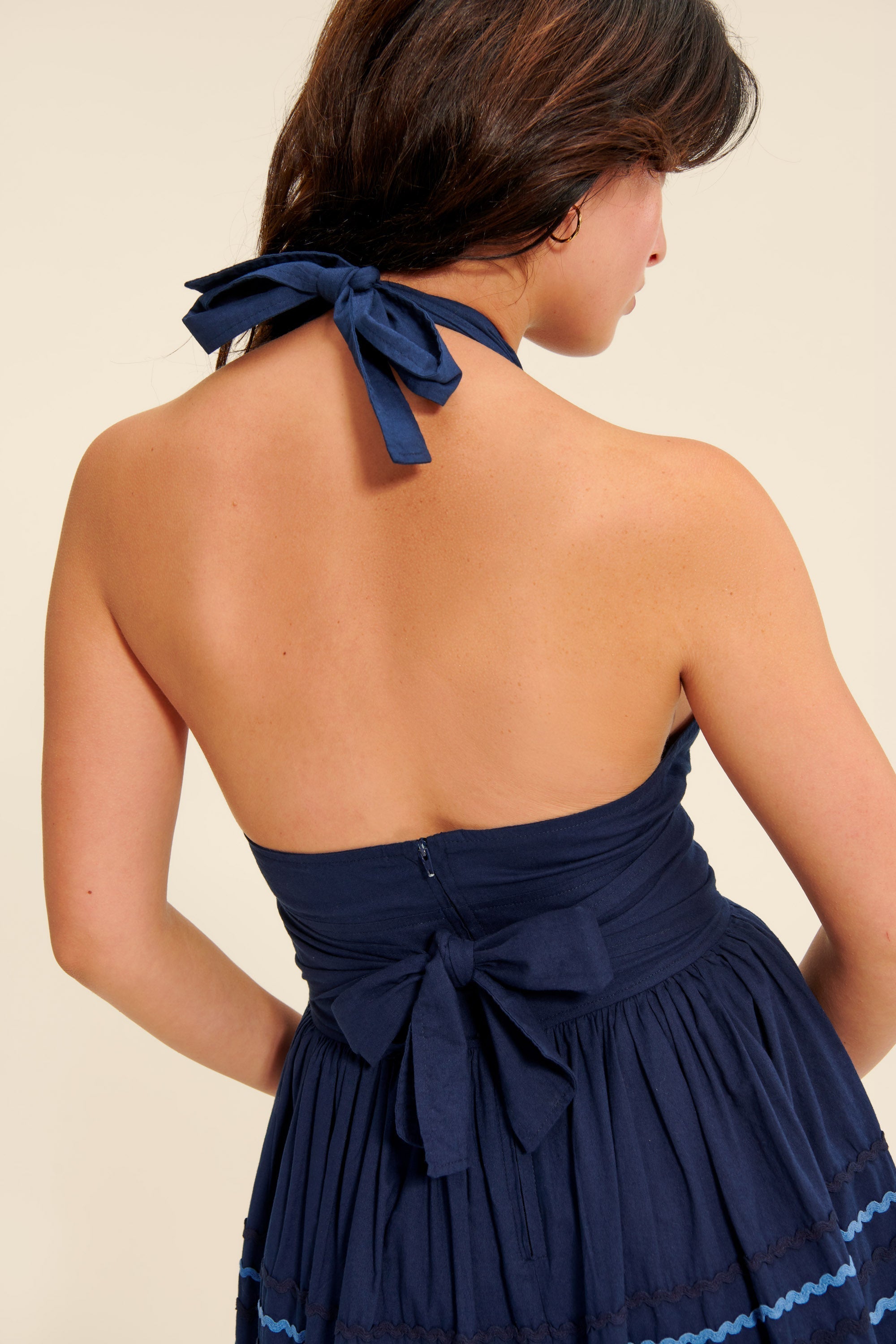 Robe Mini Halter Rayée | Jupe Évasée | Mélange de Coton