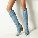 Load image into Gallery viewer, Denim Knee-High Boots | Pointed Toe | Western Block Heel Design
