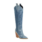 Load image into Gallery viewer, Denim Knee-High Boots | Pointed Toe | Western Block Heel Design